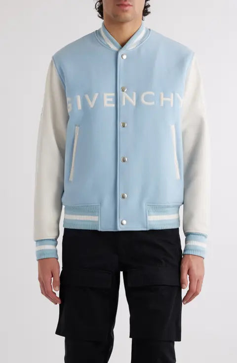 Givenchy Embroidered Logo Mixed Media Leather & Wool Blend Varsity Jacket
