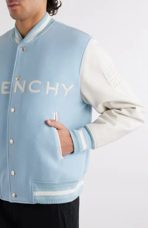 Givenchy Embroidered Logo Mixed Media Leather & Wool Blend Varsity Jacket