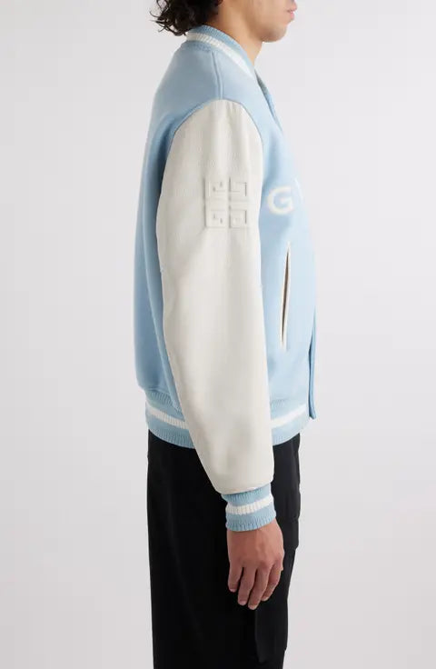 Givenchy Embroidered Logo Mixed Media Leather & Wool Blend Varsity Jacket