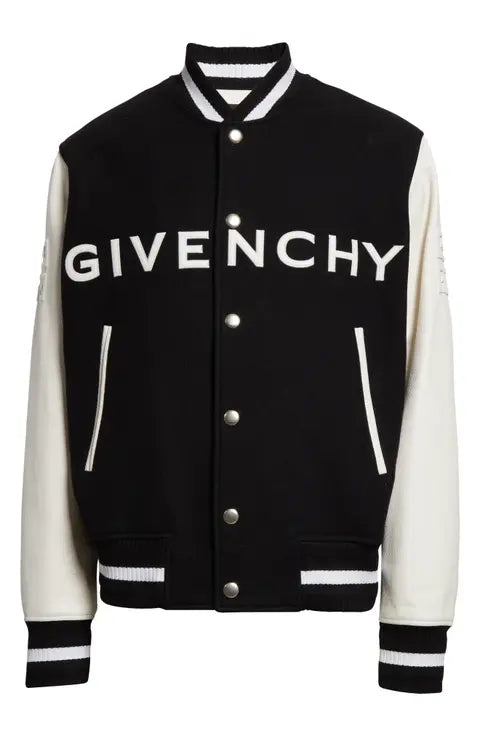 Givenchy Embroidered Logo Mixed Media Leather & Wool Blend Varsity Jacket
