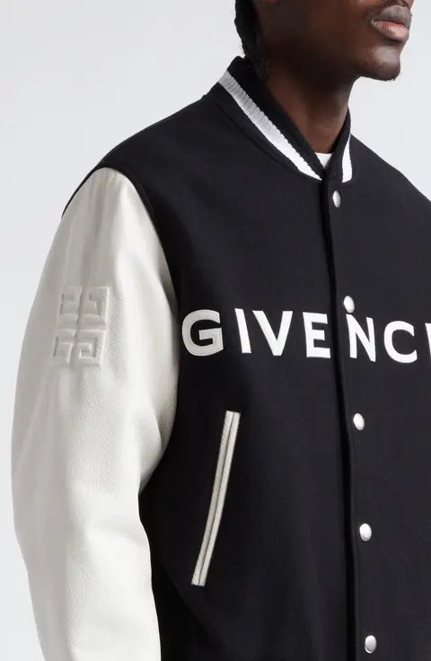 Givenchy Embroidered Logo Mixed Media Leather & Wool Blend Varsity Jacket