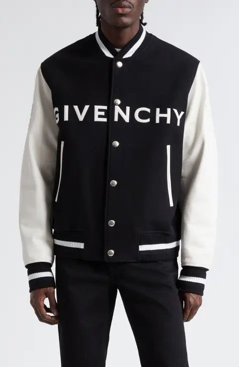 Givenchy Embroidered Logo Mixed Media Leather & Wool Blend Varsity Jacket